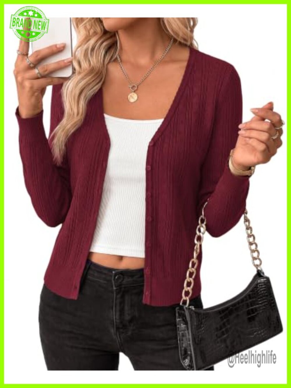 Womens Fitted Lightweight Button Cardigan Pointelle Knit Sweater
